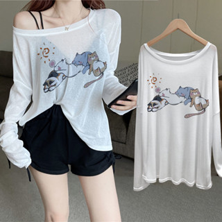 Sunscreen cover shirt 卡通印花透視防曬罩衫T恤女海邊寬鬆慵懶風舞蹈服薄款上衣空調衫 cheng