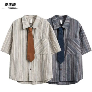 【逆主流】日系撞色條紋襯衫 夾心條紋襯衫 美式寬鬆短袖襯衫 男夏裝港風復古襯衫 棉麻透氣半袖襯衫 學院風情侶襯衫