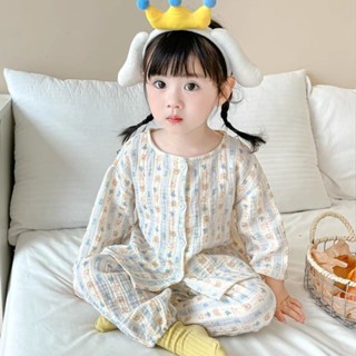 2025春秋寶寶四層紗布睡衣套裝 韓版男童女童棉紗舒適家居服 幼童夏季空調服四季長袖睡衣