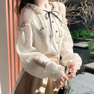 臺灣出貨 女裝時尚波爾圖日落法式千金心機露肩襯衫女甜美設計感宮廷風上衣超仙百搭
