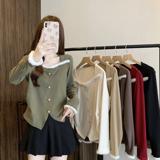 L-4XL 大尺碼秋季新款胖mm百搭加厚保暖長袖毛毛邊外穿打底T恤上衣