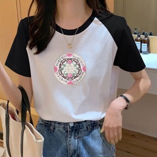 愛依依 大碼女裝 短袖T恤 印花上衣 插肩袖 S-4XL夏季洋氣百搭撞色上衣中國風女裝-3602.
