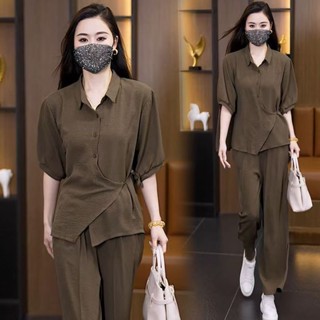 時尚大尺碼休閒套裝女2025年夏季新款洋氣短袖減齡上衣直筒褲兩件套