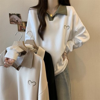 顯瘦慵懶風POLO長袖大碼胖mm女上衣外套新款寬鬆衛衣領秋季設計感