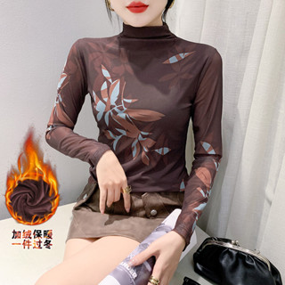 加絨加厚新款高領長袖網紗定位印花T恤女時尚修身打底衫潮