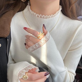 灰色蕾絲針織打底衫女秋冬內搭新款高階感黑色上衣半高領毛衣