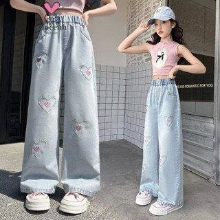 【YAOEENH】120-160CM 夏季女童時尚洋氣牛仔褲 中大童休閒天絲直筒寬褲 現貨 快速出貨