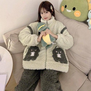 2024年新款卡通恐龍珊瑚絨睡衣女秋冬季加厚法蘭絨拉煉家居服套裝珊瑚絨睡衣 法蘭絨睡衣 冬季睡衣 保暖衣 棉衣 睡衣