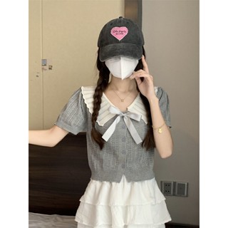 JH 現貨 [2491人收藏]甜美百搭蝴蝶結撞色娃娃開衫針織衫女裝夏季小個子洋氣短款上衣