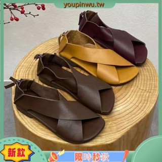 ZY 現貨手工真皮復古涼鞋 2023夏季新款手工編制涼鞋藝文復古魚嘴軟平底軟皮女涼鞋 休閒涼鞋 手工涼鞋 時尚涼鞋
