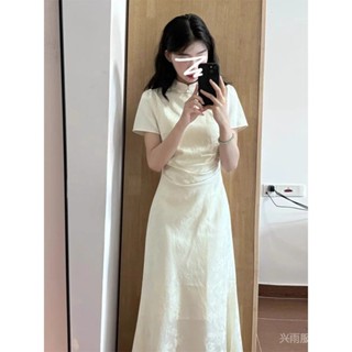 熱賣爆款[店鋪熱銷]2025年新款改良旂袍連衣裙子夏季新中式國風女裝氣質收腰杏色長裙 DWOV