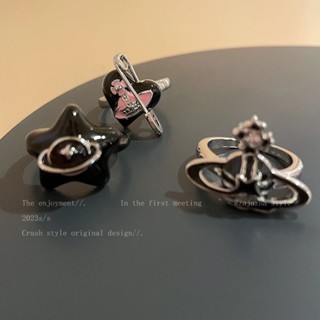 🤍小心思 暗黑系土星愛心戒指 女時尚個性情侶食指戒年新款氣質開口指環 韓系戒指 ins風戒指 ins指環