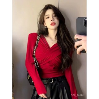 P3-秋季法式氣質V領修身T恤女長袖收腰顯瘦打底衫交叉設計感短款上衣