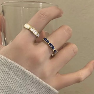 韓版復古琺琅滴油花紋戒指女小眾設計藍色食指指環