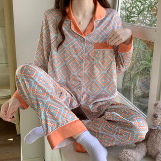 A2007L-大碼女裝居家服睡衣套裝 冰雪軟絲睡衣女套裝格子長袖長褲家居服 睡衣 睡褲