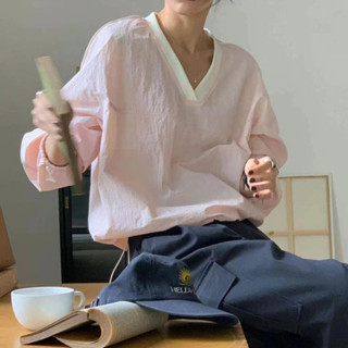 尺寸已更新 韓版簡約百搭撞色大V領純色寬鬆衛衣薄款上衣外套