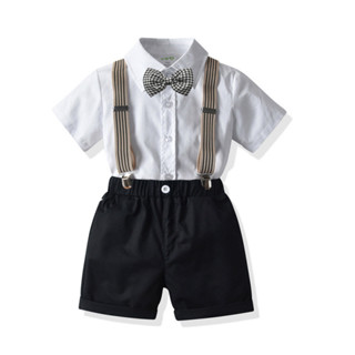童裝現貨 夏季男童禮服套裝 兒童短袖背帶褲英倫風小西裝 小朋友領結六一節演出服主持人 週嵗宴服裝生日拍照抓週服