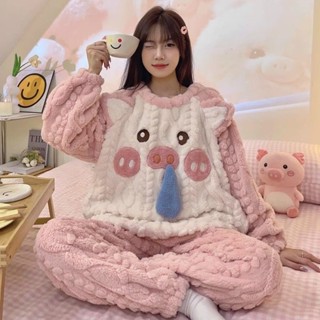 ✨買到賺到💗珊瑚絨睡衣 女秋冬季加厚加絨睡衣 可愛小豬卡通睡衣 法蘭絨家居服套裝 舒適休閒睡衣