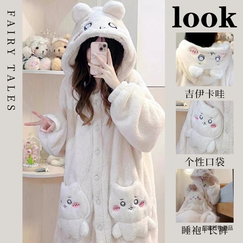 限時免運 吉伊卡哇吉伊卡哇烏薩奇睡袍秋冬季女珊瑚絨加絨加厚長款連帽睡衣 冬天 烏薩奇 家居服 居家服 睡衣 睡袍