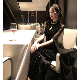名媛長款絲絨訂鑽修身生日聚會晚禮服連衣裙