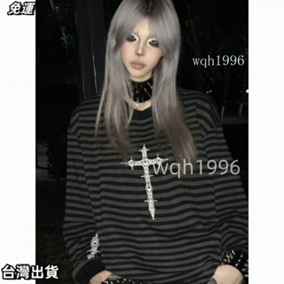 臺灣出貨 亞文化休閒慵懶T恤長袖條紋寬鬆中性秋季街頭搖滾朋克打底上衣女の