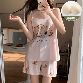 胸墊睡衣 莫代爾睡衣 可愛卡通睡衣 弔帶胸墊睡衣 夏季睡衣 女夏季甜美可愛卡通睡衣 薄款性感純慾風莫代爾傢居服套裝