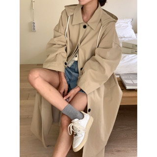 韓國chic秋季新款複古英倫風可拆卸連帽中長款風衣外套女
