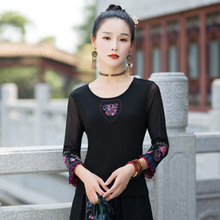 實拍早秋新款民族風圓領莫代爾網紗袖繡花修身顯瘦七分袖T恤上衣