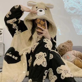 【睡衣專賣鋪】冬季款珊瑚絨卡通睡衣可愛長款睡袍加厚保暖套裝女可外穿家居服