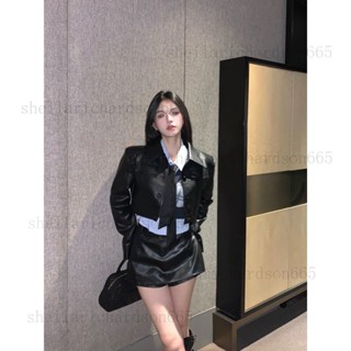 小香風裙套裝 新款個人套裝 複古黑色皮短夾剋皮衣鞦鼕款套裝女包臀短裙半身裙襯衫三件套sheilari