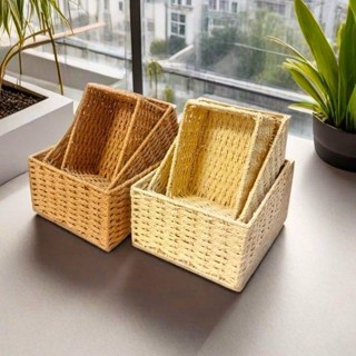 【特惠免運】藤編收納籃 收納籃 紙藤編案頭收納收納盒家用宿舍辦公室茶几雜物鑰匙化妝品玄關零食