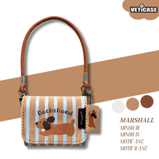 棕色條紋臘腸犬皮套帶手帶,適用於 Marshall Motif II ANC Minor III IV 耳機保護套