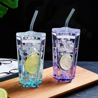 【森呼吸營地】吸管杯ins高顏值五角星玻璃杯彩色漸變冷飲杯子帶蓋咖啡杯喝水杯 臺灣出貨