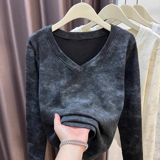 衣時尚 上衣 長袖T卹 發熱衣 配大衣 保暖 S-XL 新款V領基本款紮染德絨長袖t卹女打底TCF02-B8111.
