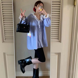 尺寸已更新INS博主款休閒慵懶風條紋花邊V領寬鬆顯瘦長袖上衣襯衫