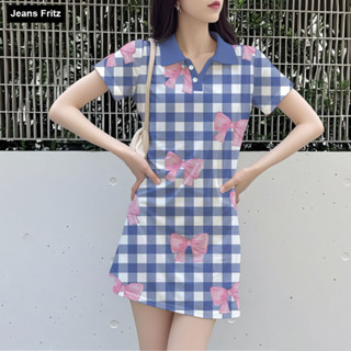 女式優雅可愛格子蝴蝶結印花時尚舒適日常連衣裙中長 Polo 裙