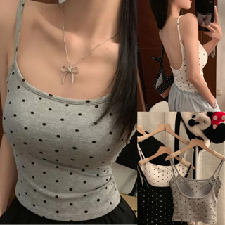 背心女生 帶胸墊 吊帶 韓版 短版上衣 性感大露背 固定杯 棉質 複古波點印花 夏季薄款 顯瘦方領