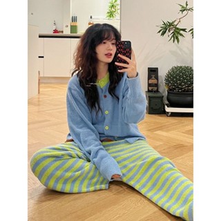【有幸時光】韓版高階睡衣 簡約條紋睡衣 半邊絨睡衣女 春秋冬季睡衣 加厚睡衣 珊瑚絨睡衣 毛絨睡衣 少女家居服 睡衣套裝