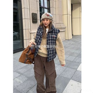 臺灣出貨🤍2024美式格紋無袖馬甲 棉服寬鬆秋冬季新款男女復古疊穿外套上衣 潮 韓式格紋羽絨背心外套 外搭背心