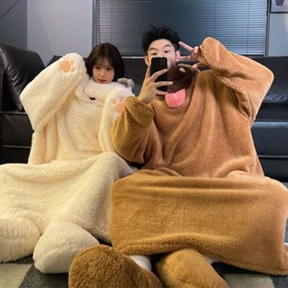 情侶連體睡衣珊瑚絨保暖連帽睡袍女冬季可愛卡通搞怪家居服男大碼
