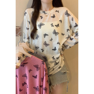 Sunscreen cover shirt 大尺碼女裝2025小清新蝴蝶印花薄款長袖T恤洋氣防曬上衣潮 cheng7