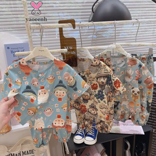 【YAOEENH】80-160CM 韓版男女童家居服兩件套 中大童卡通滿印度假風沙灘短袖套裝 現貨 快速出貨