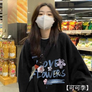 【可可李】大學T黑色美式復古 寬鬆上衣寬鬆休閒 oversize薄款刷毛帽t外套