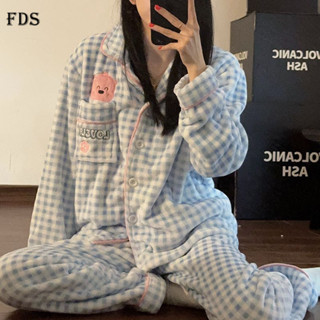 FDS 珊瑚絨睡衣女法蘭絨秋冬季法蘭絨卡通加厚卡通家居服套裝