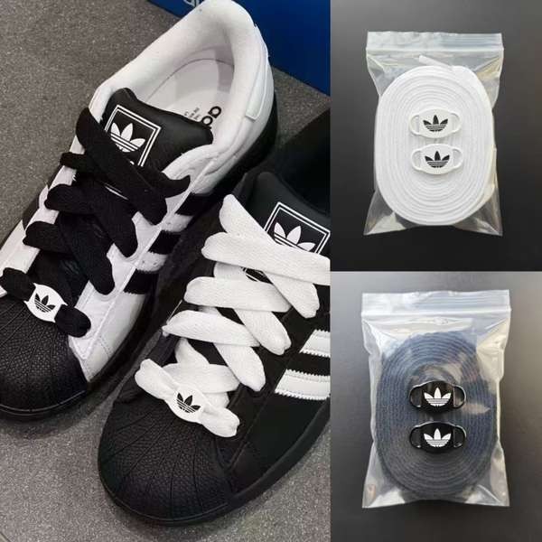 適用阿迪達斯adidas Superstar 2.0黑白蝴蝶結鞋帶繩寬三葉草鞋釦