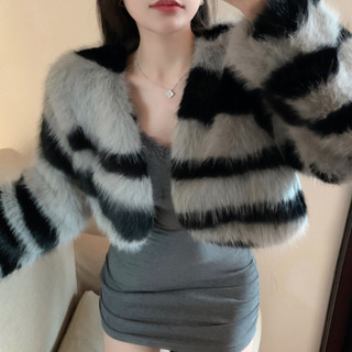 實拍年輕款斑馬紋仿狐狸毛皮草外套冬季新款環保毛毛加厚保暖開衫