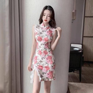 【特惠免運】女士裙裝 連衣裙 包臀裙 甜美氣質純欲風包臀短裙時尚復古少女花色修身開叉改良旗袍連衣裙