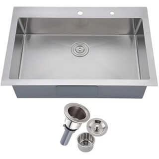 33x22 嵌入式廚房水槽，頂部安裝商用手工製作 18 號單碗不銹鋼水槽，帶籃式過濾器。