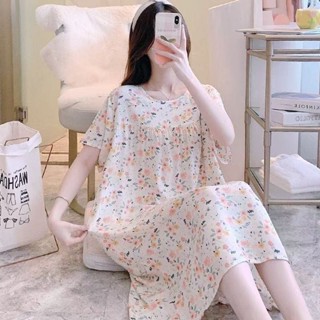 《現貨下單》棉綢睡裙女夏季薄款人造棉睡衣簡約短袖洋裝外穿大尺碼寬鬆居家服