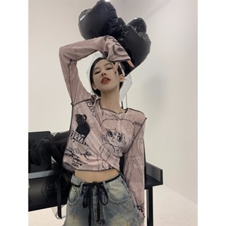 XYJ 減齡款辣妹緊身長袖T恤女塗鴉印花百搭防曬罩衫上衣外搭